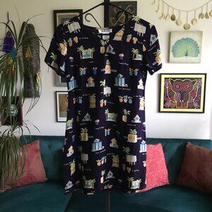 TALBOTS size 4 Navy Blue Whimsical Happy Cottage Summer Winds Print Mini Dress